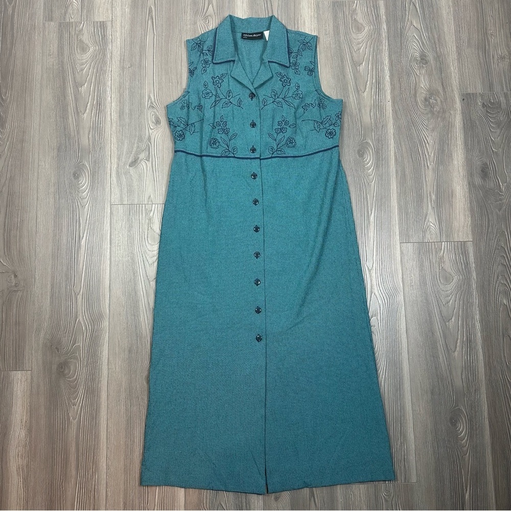 Melissa Harper Teal Navy Houndstooth Button Front Sleeveless Midi‎ Dress Women’s